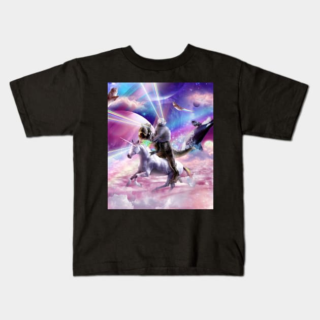 Laser Eyes Space Cat On Dinosaur Unicorn - Rainbow Kids T-Shirt by Random Galaxy